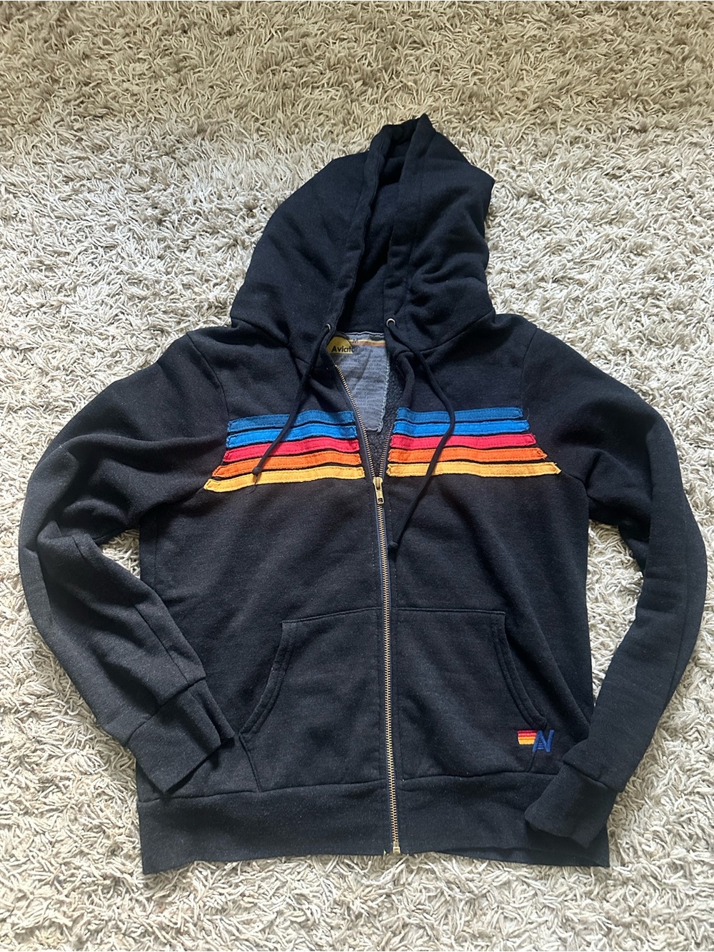 Aviator Nation Black Hoodie with Red and Blue Stripes